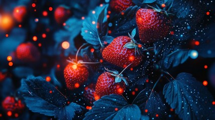 Glowing red strawberries on a pale-leaved bush in deep evening light with floating bokeh lights