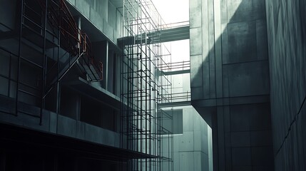 Obraz premium Sunlit industrial concrete structure with scaffolding and walkways.