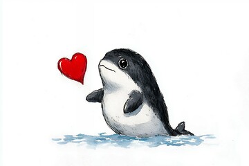 Adorable Black and White Cartoon Porpoise with Red Heart Watercolor Illustration