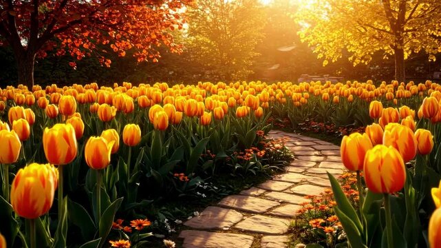 Vibrant tulip field in full bloom during sunset, with a winding stone path and colorful foliage flores amarillas | Yellow flowers