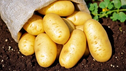 Freshly harvested potatoes spilling from a burlap sack onto dark soil.