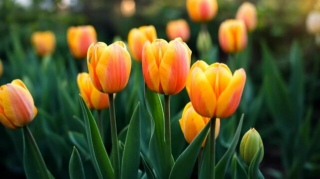 Vibrant orange and yellow tulips blooming in a lush garden, surrounded by greenery and soft sunlight flores amarillas | Yellow flowers