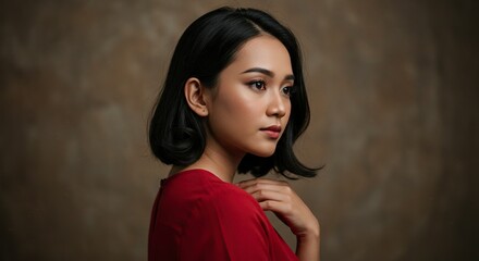 Elegant Portrait with Short Dark Hair and Red Top Against Textured Background