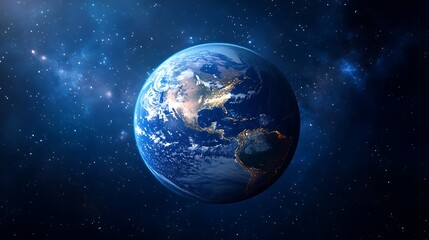 Earth in space, showing North and Central America, with stars and nebulae in background.