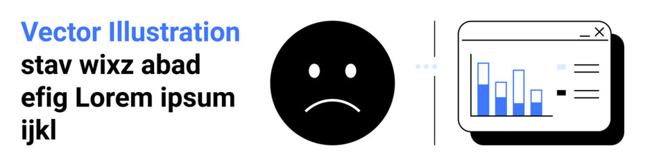 Sad face icon paired with a browser window displaying bar chart data insights. Ideal for performance tracking, emotions, business reports, UX feedback, failure themes, data evaluation, simple landing