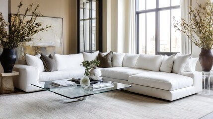 Modern white sectional sofa in a bright living room with large windows, glass coffee table, and neutral decor.