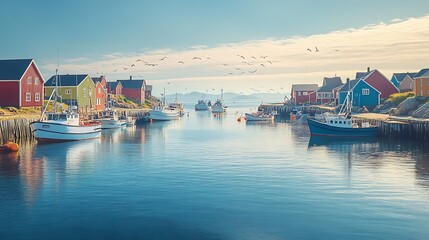 Obraz premium Colorful fishing village harbor with boats at sunrise.