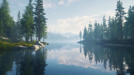 Serene misty lake reflecting mountains and pine trees on a sunny morning.