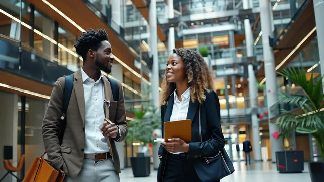 In a modern office, two professionals have a brief yet meaningful exchange, highlighting the value of collaboration and positive interactions in todays dynamic corporate environment