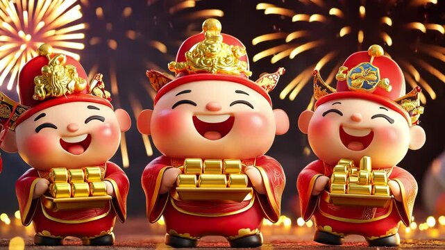 Festive chinese new year celebration with smiling prosperity gods holding gold ingots