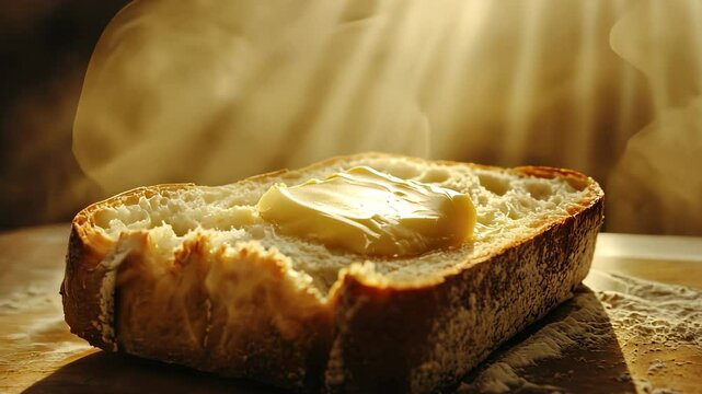 Butter on toast. A piece of bread with butter on it. A blurred light glare on a dark background. Toast with butter lifestyle.
