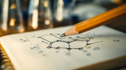 Close-up of a pencil drawing geometric shapes on graph paper with laboratory glassware in the background
