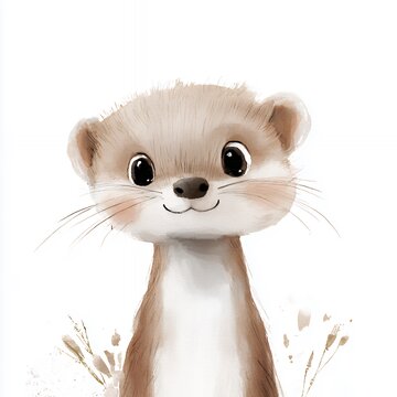 Adorable Brown Otter Pup Watercolor Illustration with Beige Floral Accents