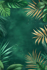 Tropical leaves and gold design on dark green artistic background