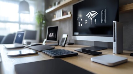 Smart home devices on desk, IoT network display, modern living room
