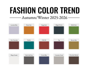 Fashion Color Trend Autumn - Winter 2025 - 2026. Fabric swatches with color names. Trendy colors palette guide. Vector template for your creative designs.