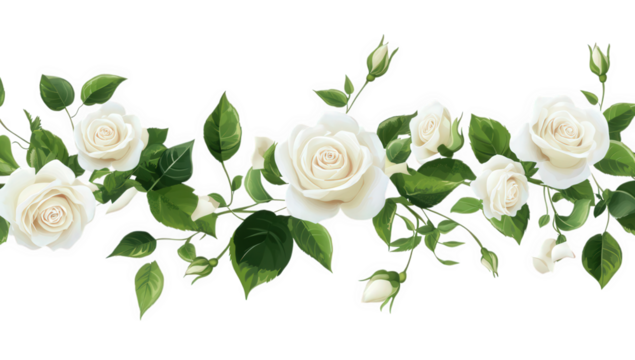 a decorative arrangement of white roses and green leaves creating an elegant floral border suitable for various design purposes