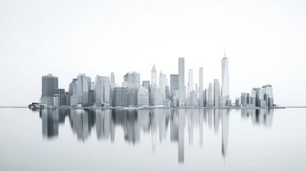 Fototapeta premium Monochrome Manhattan skyline reflecting on calm water, cityscape panoramic, urban development