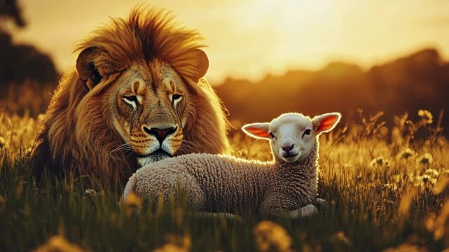 Lion and lamb resting together in a sunlit field during golden hour