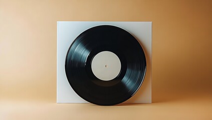 Obraz premium Vinyl Record in Empty White Album Cover on Beige Background, Mockup Template for Design