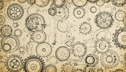 Vintage Mechanical Gears Blueprint Design Engineering Industrial Background Steampunk Retro Old Cogwheel Machine Mechanism