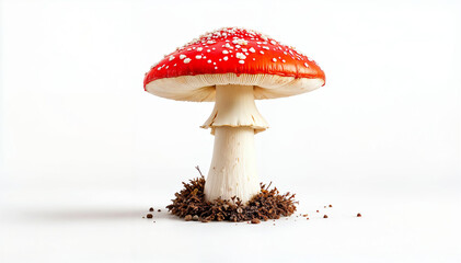Red mushroom with white spots on cap standing in forest floor