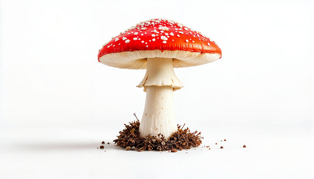 Red mushroom with white spots on cap standing in forest floor - Powered by Adobe