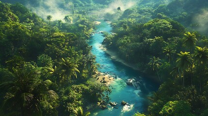 Obraz premium Lush jungle river valley, vibrant greenery, misty morning light