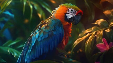 Obraz premium Macaw Perched Jungle Leaf Background