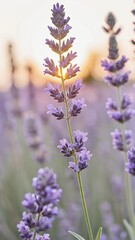 Naklejka premium Beautiful close-up of vibrant lavender flowers in a sunlit field at dusk, evoking a serene and calming atmosphere, ideal for uses in nature, relaxation, or floral-themed applications