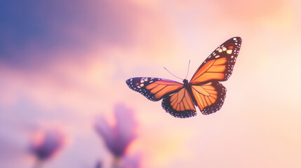Obraz premium Flying Monarch Butterfly at Sunset