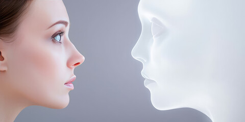A woman stares at a hallucinating ghost. Schizophrenia, visions, mental disorder.