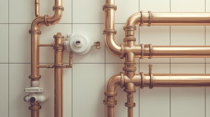 Copper pipes, plumbing system, white tile wall, installation, home improvement