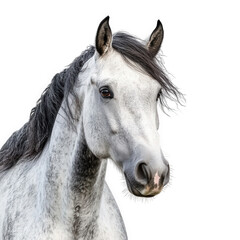 Fototapeta premium a close-up portrait of a beautiful gray horse with flowing mane against a white background showcasing its gentle features and expressive eyes