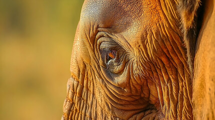 Detailed close-up of an elephant's eye and textured skin in warm lighting