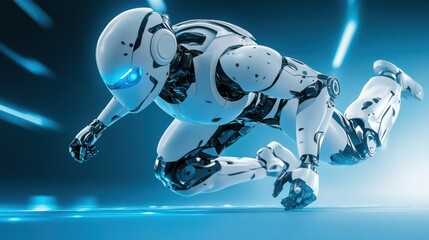 Robot sprinting, futuristic city, night