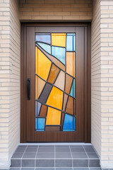 Obraz premium Front door to home with decorative multi-colored stained glass. Retro design of the entrance door.