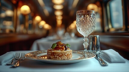Elegant Glass Plate with Food on Table in Luxury Train Car, Fine Dining Setting