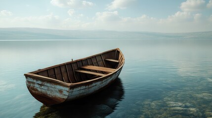 Fototapeta premium Calm lake, lone boat, misty mountains
