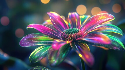 Iridescent flower, night garden, bokeh, digital art, website banner