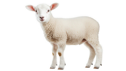Fototapeta premium a cute young lamb stands on a white background showcasing its fluffy wool and playful demeanor. innocence and charm of farm animals often used in educational or promotional contexts