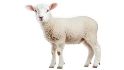 a cute young lamb stands on a white background showcasing its fluffy wool and playful demeanor. innocence and charm of farm animals often used in educational or promotional contexts
