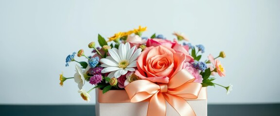 Elegant floral arrangement in a gift box, ribbon tied, lilies, ribbon, greenery