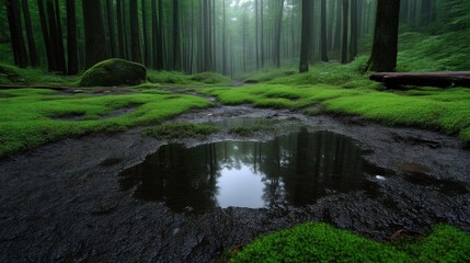 Misty forest floor with a tranquil puddle