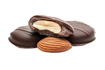 Tasty almond nuts dipped in smooth chocolate isolated on a clean white background for a delightful and healthy snack option