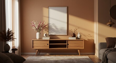 Elegant and cozy living room interior with a wooden console, mockup poster frame, fresh flowers, and stylish decor. Perfect home inspiration and modern design template.