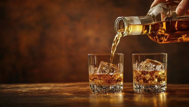 Pouring whiskey into glasses with ice on rustic wooden table