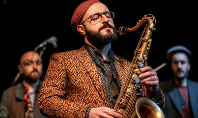 Fototapeta premium Captivating saxophonist delivers passionate jazz solo in dim concert light