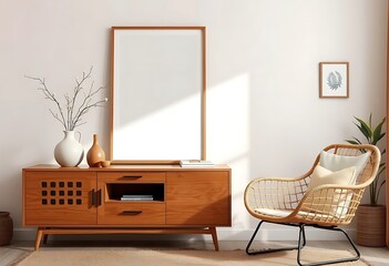 Stylish living room interior with a rattan armchair, wooden sideboard, mockup poster frame, and cozy decor. A perfect modern home design inspiration template.