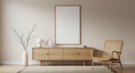 Stylish living room interior with a rattan armchair, wooden sideboard, mockup poster frame, and cozy decor. A perfect modern home design inspiration template.